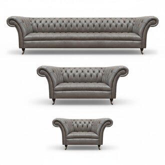 Graue Chesterfield Ledergarnitur Designer Polstercouchen Lehnsessel 3tlg