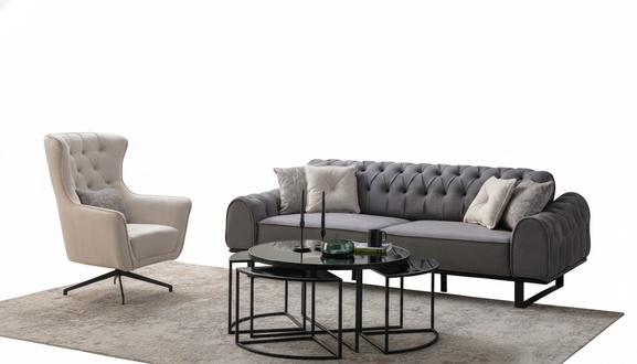Grauer Chesterfield Dreisitzer LuxuriÃ¶ser Polster WeiÃer Sessel 2tlg Set