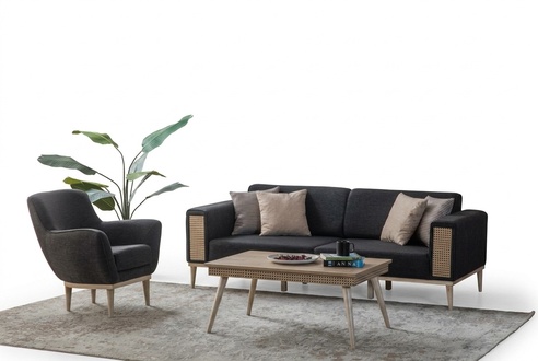 Grauer Wohnzimmer Set Luxus Dreisitzer Polster Sessel Textil MÃ¶bel