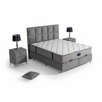 Graues Bett mit Matratze aus Textil und Edelstahl, modernes Design