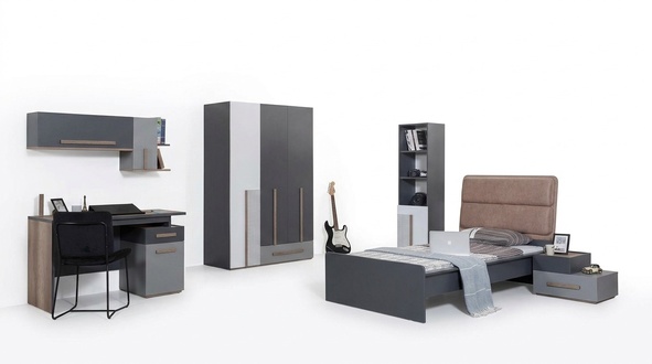 Graues Jugendzimmer Kleiderschrank BÃ¼cherregal Kinderzimmer Bett 5tlg