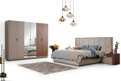 GroÃe Beige Schlafzimmer Garnitur Doppelbett 2x Nachttische Schrank