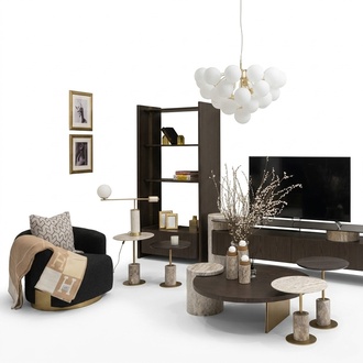 GroÃes Komplette Wohnzimmer Sessel Tische 7tlg Stoff Braun Holz Regale