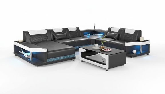 GroÃes Sofa Wohnlandschaft LED XXL U Form Ecksofa Ledersofa Schwarz
