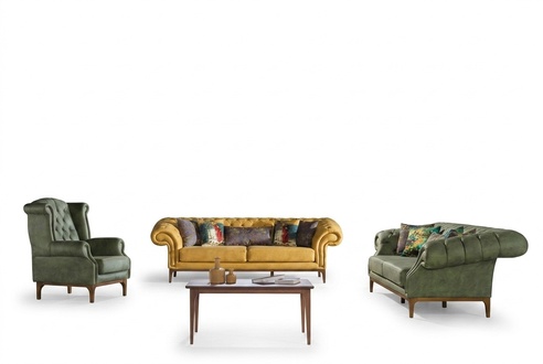 GrÃ¼n-Gelbe Polstergarnitur Designer Dreisitzer Luxus Sessel 3+3+1 Set