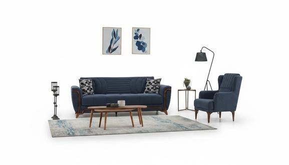 Gruppe Couch Dreisitzer Sessel 3 Sitzer Stoffsofa Polstersofa Blau Set