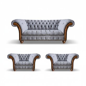 Hellgraue Chesterfield Luxus Garnitur Wohnzimmer 3-Sitzer Couch Sessel