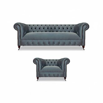 Hellgraue Polster Chesterfield Garnitur Wohnzimmer Dreisitzer Sessel