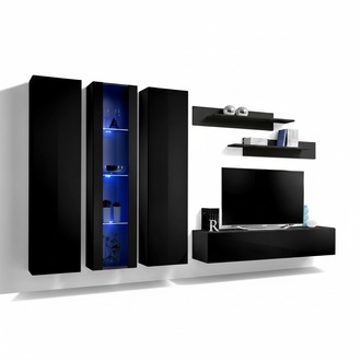HolzmÃ¶bel Wohnwand Wandschrank Schwarz TV-StÃ¤nder Garnitur HÃ¤nge Vitrine