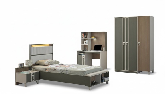 KindermÃ¶bel Garnitur Kinderzimmer Bett Kinderbett Grau Holz Set 4tlg
