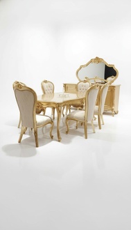 Klassisch Esstisch + 6x StÃ¼hle + Anrichte mit Spiegel Gold Holz Kommode