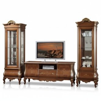 Klassische Wohnzimmerwand RTV 2x Vitrinen Massivholz MÃ¶bel TV-Regal Neu