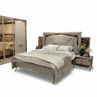 Komplett Schlafzimmer Doppelbett Nachttische mit Spiegel Beige Gold 3tlg