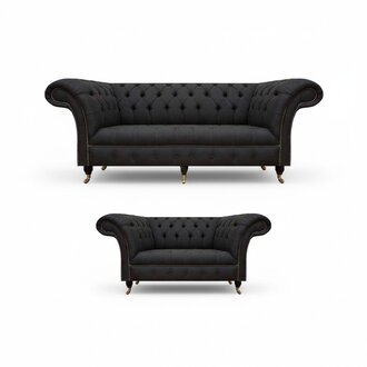 Komplett Schwarze Chesterfield Garnitur Designer Dreisitzer Moderner 2-er