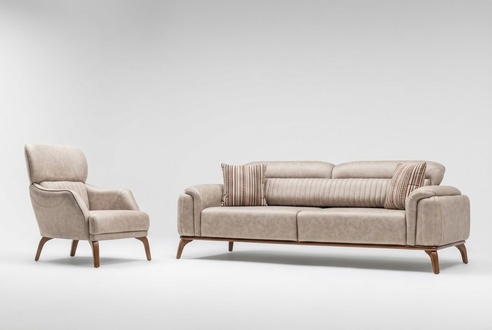 Komplette Beige Kunstleder Sofas Designer Leder Dreisitzer Einzel Sessel