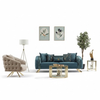 Komplette Couchgarnitur Polstersofa Dreisitzer Stoffsofa Blau Sessel