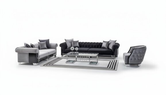 Komplette Couchgarnitur Sofagarnitur Sofa Sitzer Stoff Grau Schwarz