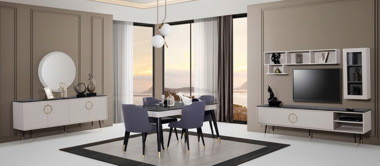 Komplette Essgarnitur 7tlg. Esszimmer Anrichte Set Modern Tisch 4x Stühle rtv