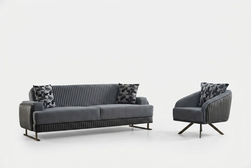 Komplette Polstersofa Sessel Dreisitzer Stoffsofa Grau Sofa 2tlg Set