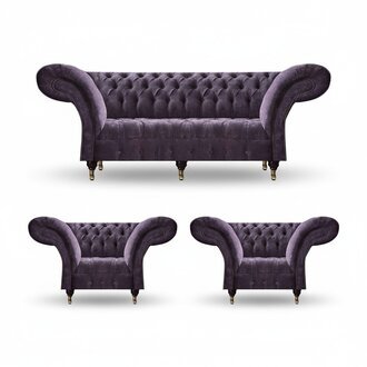 Lila Chesterfield Polstergarnitur Wohnzimmer 3-Sitzer Designer 2x Sessel