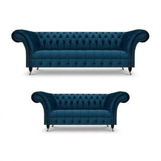 Luxuriöse Blaue Chesterfield Textilgarnitur 3-Sitzer Sofa Zweisitzer