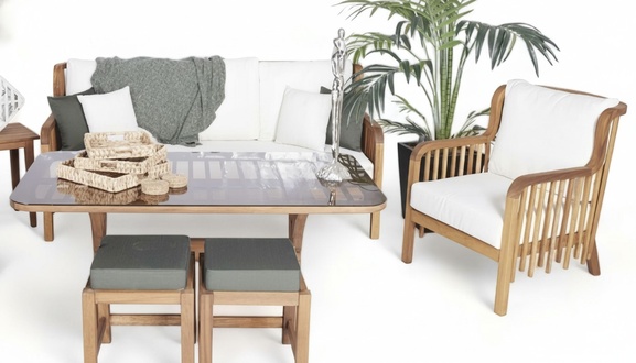 LuxuriÃ¶se GartenmÃ¶bel Set Sitzgruppe 3+1 Holz Gartenhocker Tisch MÃ¶bel