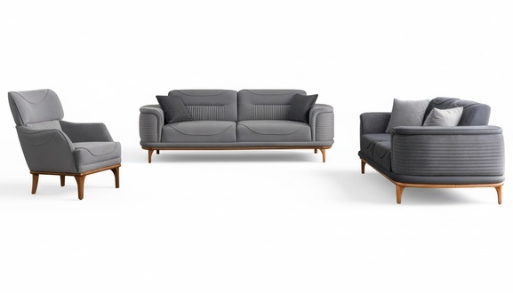 LuxuriÃ¶se Polstergarnitur in Grau: Zwei Dreisitzer-Sofas & Sessel Neu