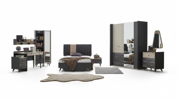LuxuriÃ¶ses graues Schlafzimmer Set Jugendzimmer Kinderzimmer 7tlg Bett