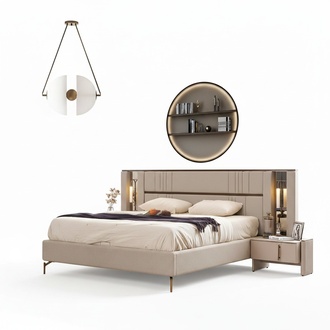 LuxuriÃ¶ses Schlafzimmer Beiges Doppelbett 2x Nachttische Moderne MÃ¶bel