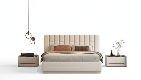 Luxus Beige Bett mit Gestepptem Kopfteil Modernes Design fÃ¼r Schlafzimmer