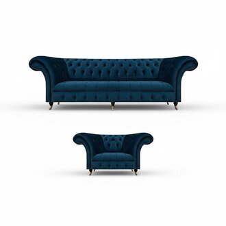 Luxus Chesterfield Blaue Stoffgarnitur Edle 3-Sitzer Couch Lehnsessel
