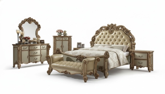 Luxus Klassisch Schlafzimmer Bett Nachttische Schminktisch Spiegel Bank