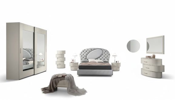 Luxus Set 7tlg Schlafzimmer Bett Nachttisch Kommode Spiegel Kleiderschrank Neu