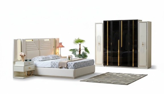 Modern Schlafzimmer Set Bett + 2x Nachttische+Kleiderschrank 4 tlg.