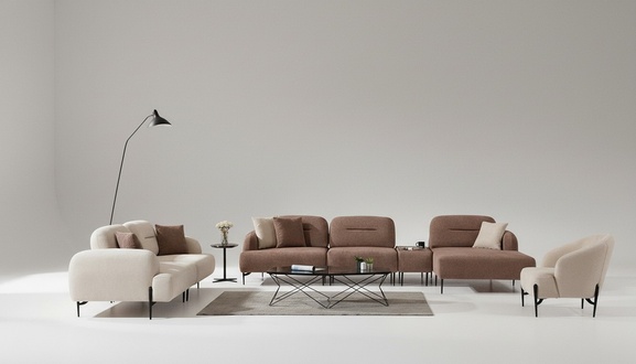 Moderne Braun-WeiÃe Sofagarnitur 3 Sitzer Stoffsessel L-Form Ecksofa