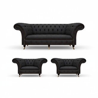 Moderne Chesterfield Schwarze Garnitur Designer 2x Textilsessel 3-Sitzer