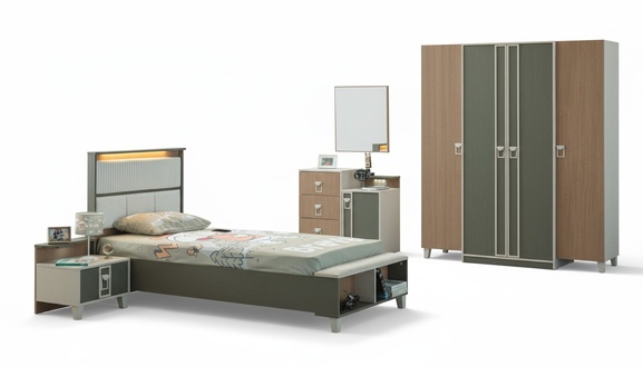 Moderne Komplette KindermÃ¶bel Kinderbett Grau Holz Set 5tlg Nachttisch