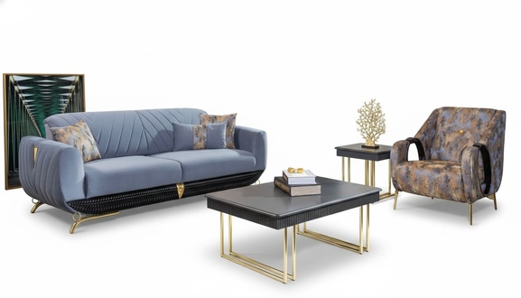 Moderne Polster Wohnzimmer MÃ¶bel Designer Blauer Dreisitzer Sessel 4tlg