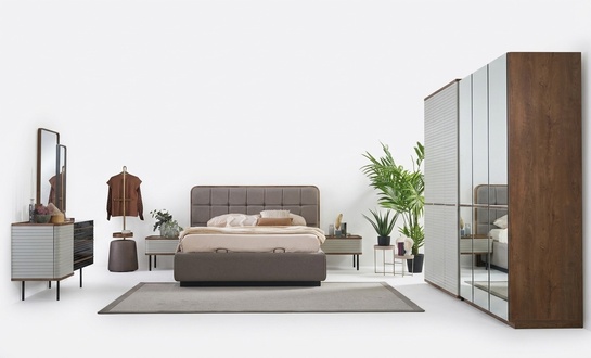Moderne Schlafzimmer Set 7tlg Doppelbett Komplette Braun Holz Bett