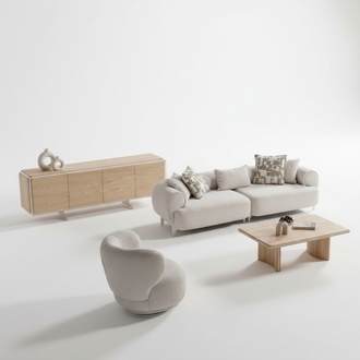 Moderner Beigefarbener Wohnzimmer Set aus Holz und Textil