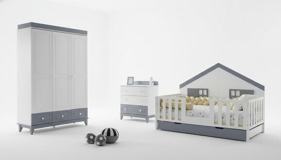 Modernes 3tlg Kinderzimmer Set Hausbett Kleiderschrank & Kommode