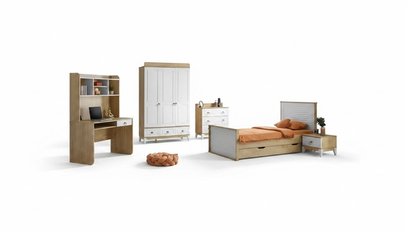 Modernes 5tlg Set mit Bett Nachttisch Kommode Kleiderschrank Schreibtisch