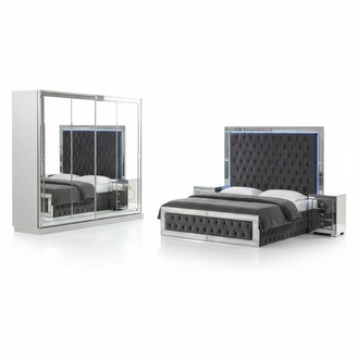 Modernes Chesterfield Graues Doppelbett Edler Kleiderschrank Nachttische