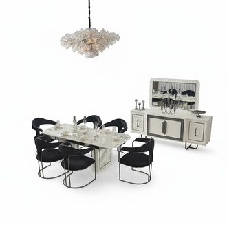 Modernes Esszimmer Set Weißer Esstisch 6 Stühle weiße Sideboard Spiegel