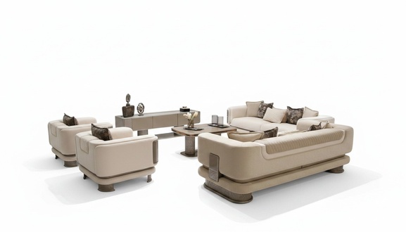 Modernes Wohnzimmer-Set aus Stoff in Beige mit Holzoptik