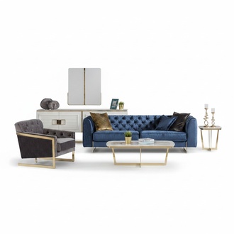 Modernes Wohnzimmer Set aus Textil in Blau-Grau