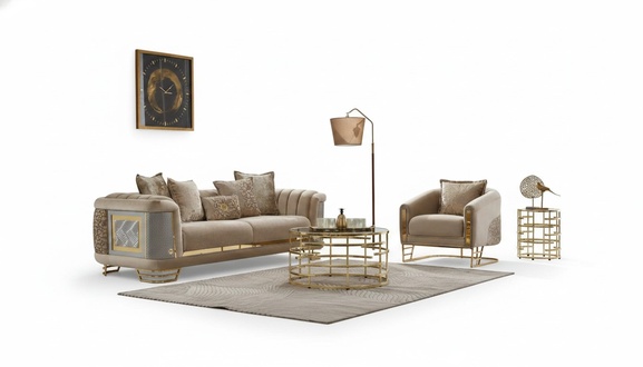 Polstersofa Couchgarnitur Dreisitzer Sessel Beige Couch Stoffsofa 2tlg