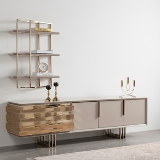 RTV Lowboard TV StÃ¤nder Sideboard Beige Gold Wohnzimmer Set Regale Neu