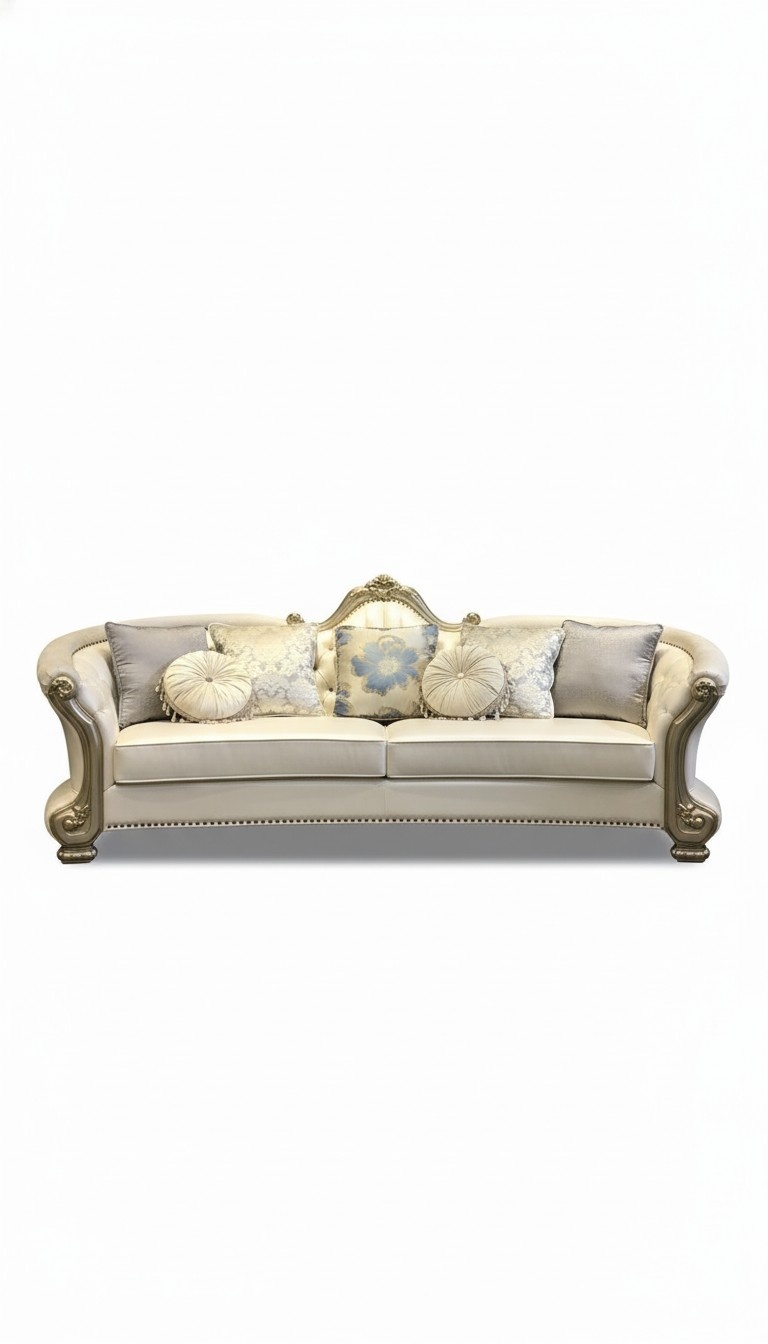Rund Sofa Holz geschnitzte Viersitzer Couch Leder Chesterfield Wohn