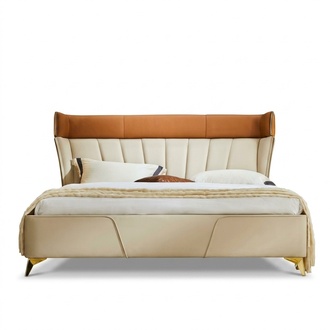 Schlafzimmer Beiges Doppelbett Lederbetten Holzgestell Textil MÃ¶bel